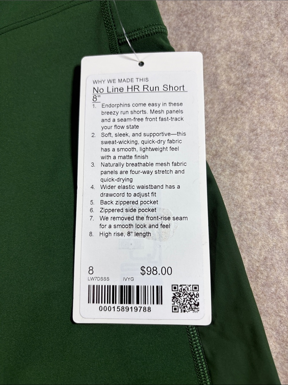 Lululemon No Line HR Run Short 8" Ivy Grove Green Size 8 Smooth Front NWT - Picture 2 of 6